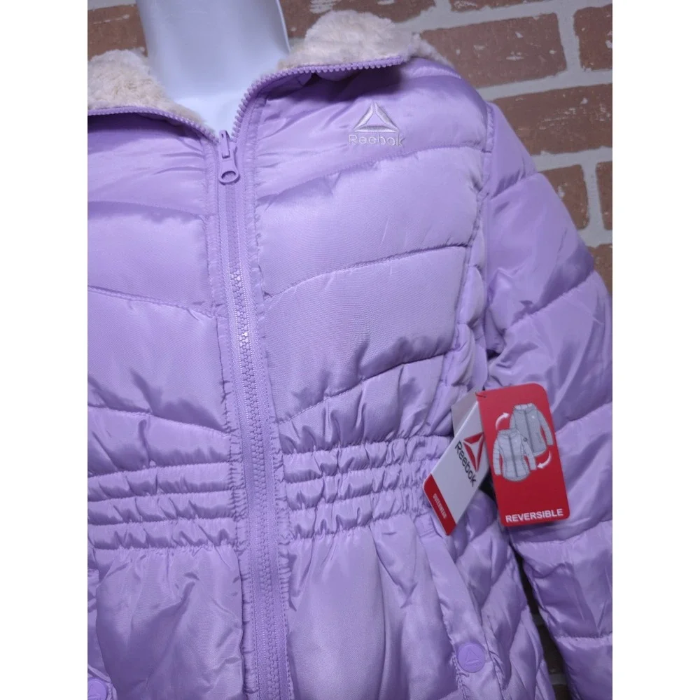 Reebok Reversible Puffer Jacket Girl's Lavender Faux Fur Winter Coat Sz‎ 14/16
